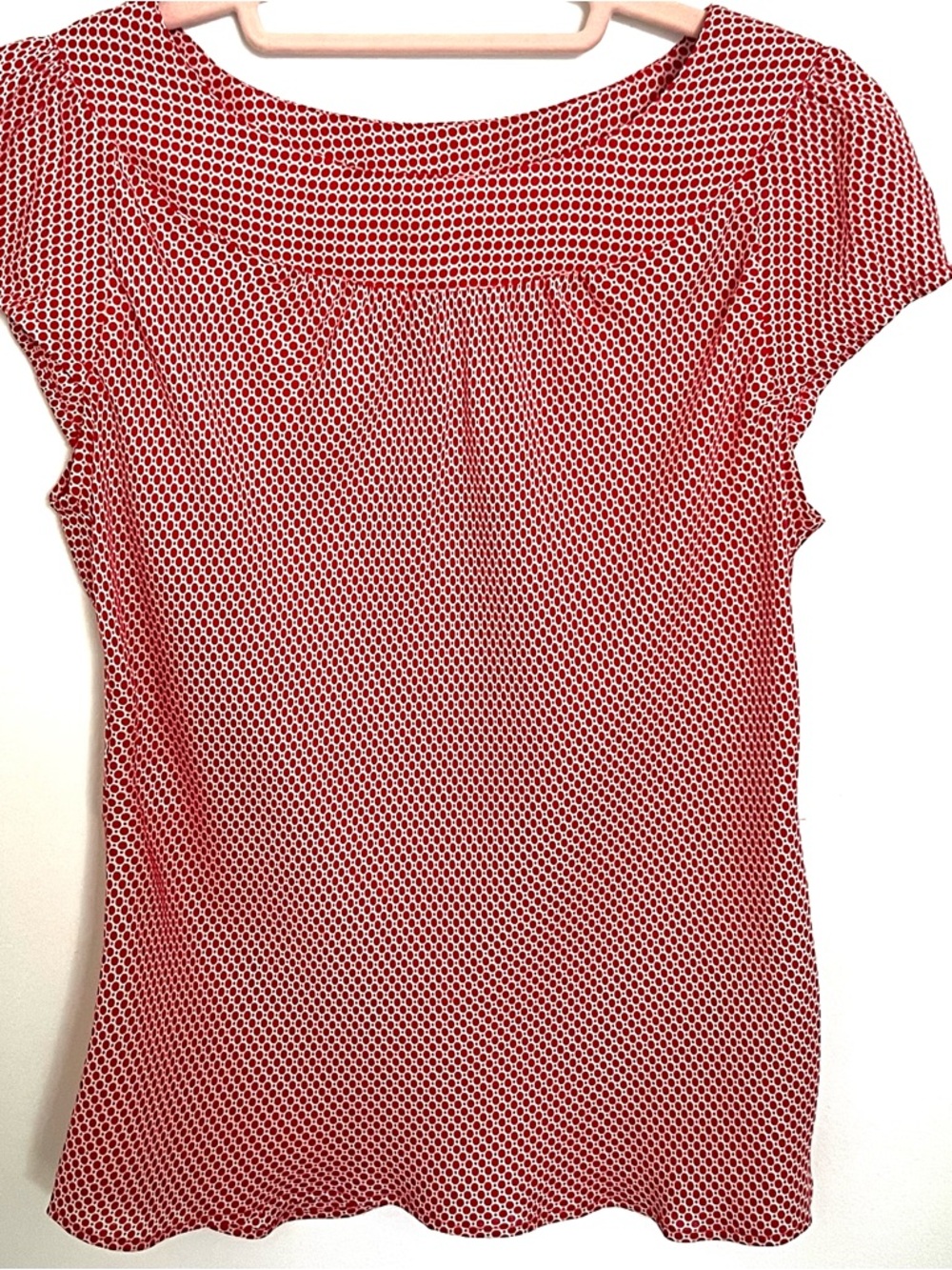 AK Anne Klein Women’s Red and White Print Cap-Sleeve Silk Blouse Size Small